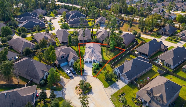 aerial perspective of suburban area with property boundaries highlighted