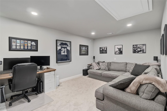 office featuring light colored carpet, recessed lighting, and baseboards