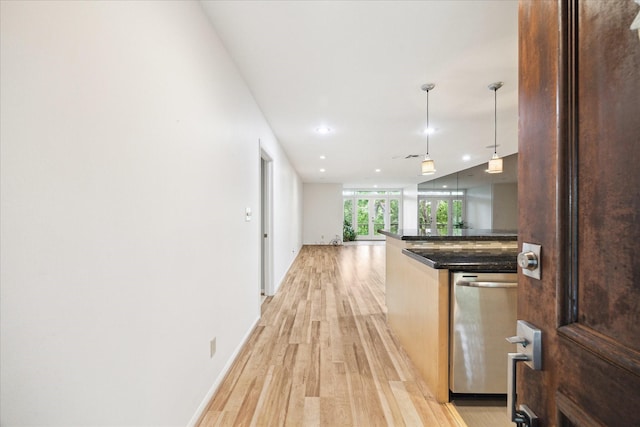 6549 Bayou Glen Rd, Houston, TX 77057 - hallway with light wood-type flooring, recessed lighting, and baseboards