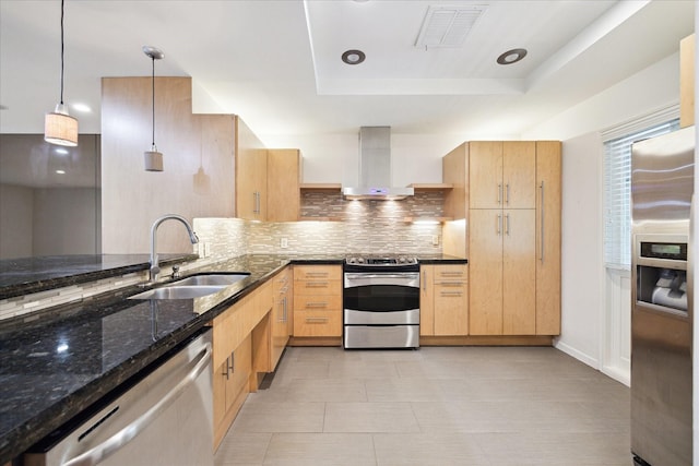 6549 Bayou Glen Rd, Houston, TX 77057 - kitchen with stainless steel appliances, wall chimney range hood, a sink, light brown cabinets, and a raised ceiling