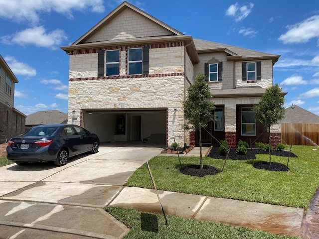 view of front facade featuring stone siding, concrete driveway, and an attached garage