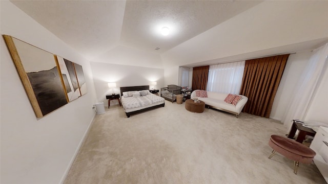 bedroom with carpet floors, baseboards, vaulted ceiling, and a textured ceiling