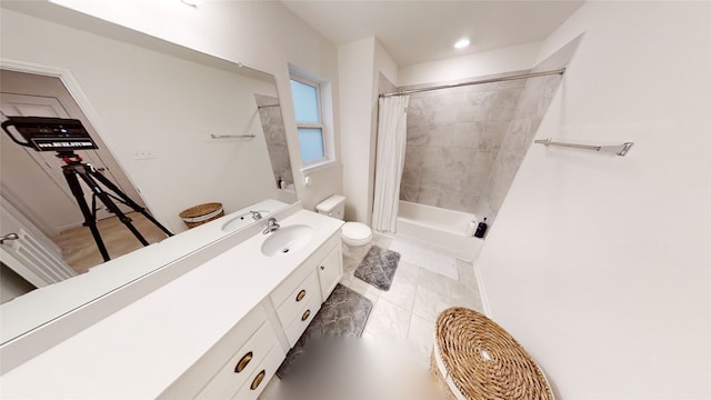 bathroom featuring toilet, vanity, shower / bath combination with curtain, and recessed lighting