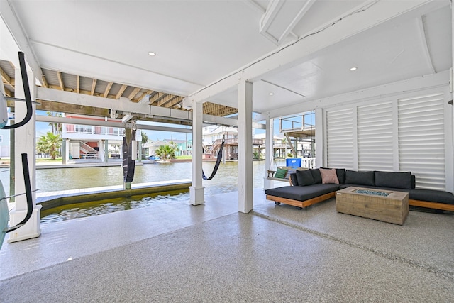 16716 Tahiti Way, Galveston, TX 77554 - interior space with a water view and speckled floor