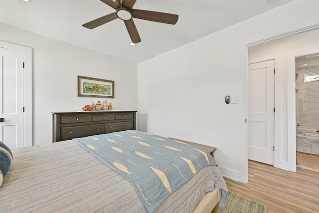 16716 Tahiti Way, Galveston, TX 77554 - bedroom featuring light wood-style flooring, connected bathroom, baseboards, ceiling fan, and recessed lighting