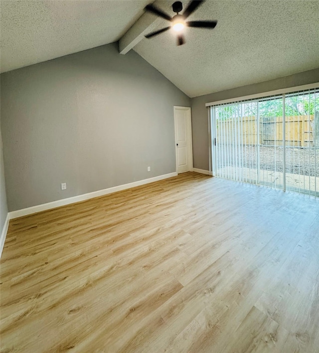 unfurnished room featuring light wood finished floors, baseboards, ceiling fan, and a textured ceiling