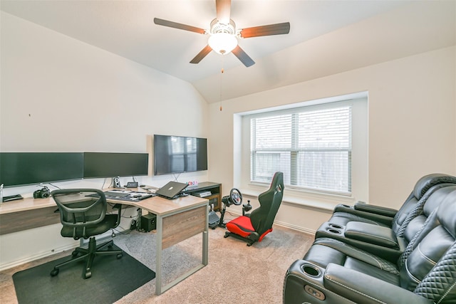 13510 Dovetail Canyon Ct, Rosharon, TX 77583 - carpeted office featuring a ceiling fan, lofted ceiling, and baseboards