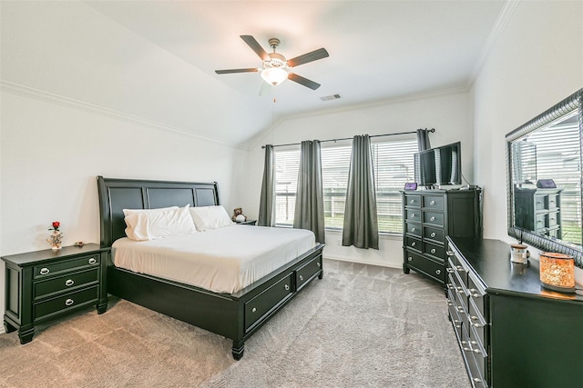 13510 Dovetail Canyon Ct, Rosharon, TX 77583 - bedroom with crown molding, multiple windows, light colored carpet, vaulted ceiling, and ceiling fan
