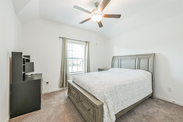 13510 Dovetail Canyon Ct, Rosharon, TX 77583 - bedroom with vaulted ceiling, carpet floors, baseboards, and ceiling fan