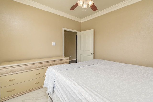 bedroom with ornamental molding, light marble finish flooring, and a ceiling fan