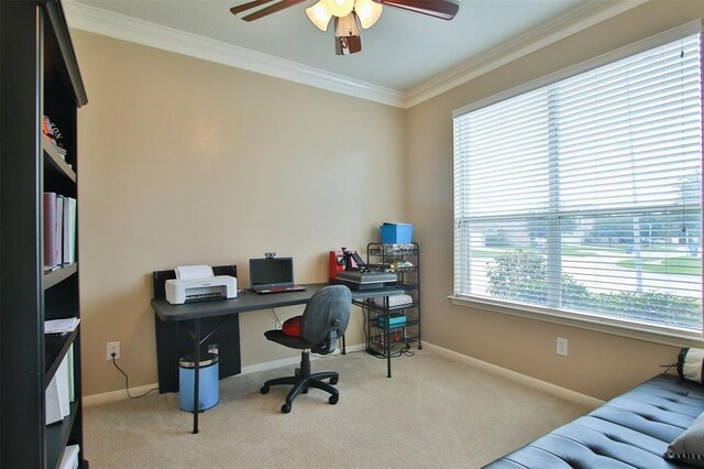 office area featuring ceiling fan, crown molding, carpet flooring, and baseboards