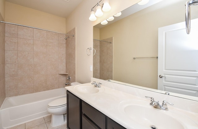 full bath featuring toilet, shower / tub combination, tile patterned floors, and double vanity