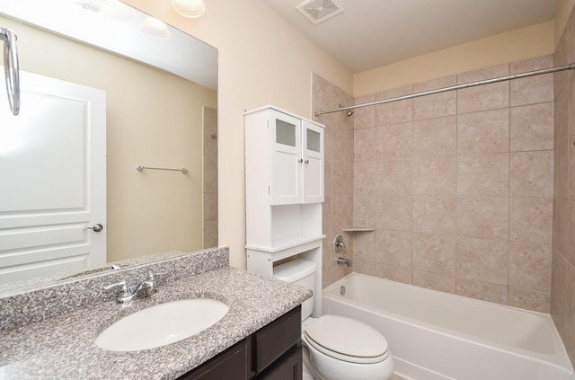 full bath with toilet, shower / bath combination, and vanity