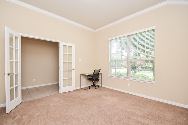 tiled office featuring french doors, carpet, crown molding, and baseboards