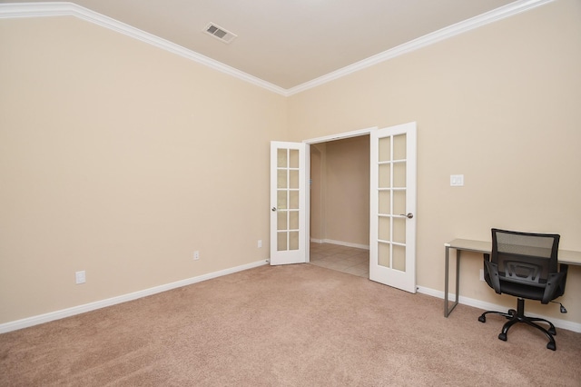unfurnished office featuring french doors, carpet, ornamental molding, and baseboards