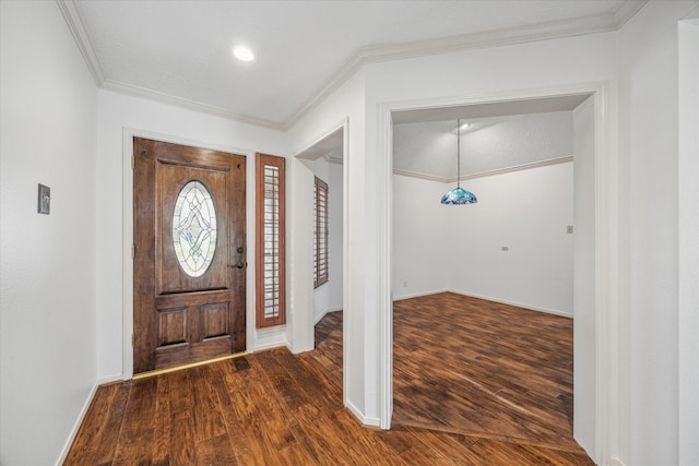 12514 Wealdstone Dr, Tomball, TX 77377 - foyer entrance featuring crown molding, dark wood finished floors, and baseboards