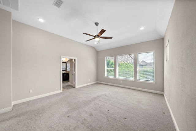 1404 Arkley Way, Houston, TX 77055 - unfurnished room featuring ceiling fan, baseboards, carpet floors, lofted ceiling, and recessed lighting