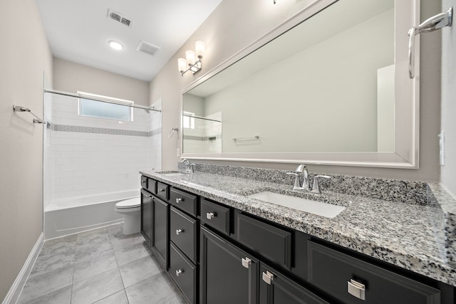 1404 Arkley Way, Houston, TX 77055 - bathroom featuring toilet, double vanity, baseboards, shower / washtub combination, and tile patterned floors