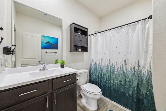 21022 Solstice Point Dr, Hockley, TX 77447 - bathroom with toilet, wood finished floors, vanity, and curtained shower