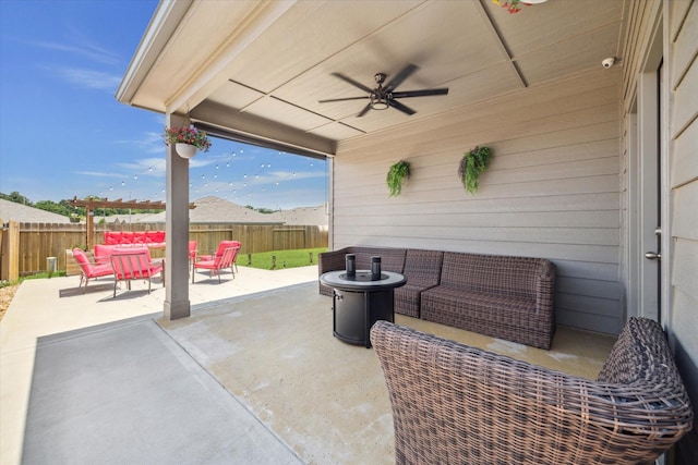 21022 Solstice Point Dr, Hockley, TX 77447 - view of patio with an outdoor living space, a fenced backyard, and ceiling fan