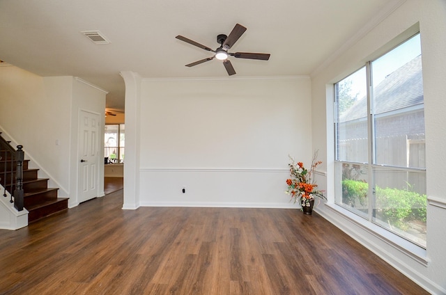 18106 Rileybrook Cir, Houston, TX 77094 - spare room featuring a ceiling fan, wood finished floors, stairs, and crown molding