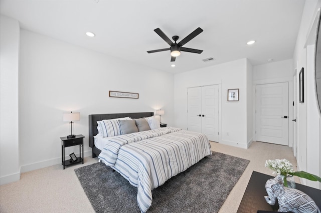 322 Neyland St, Houston, TX 77022 - bedroom with light colored carpet, recessed lighting, baseboards, a closet, and ceiling fan