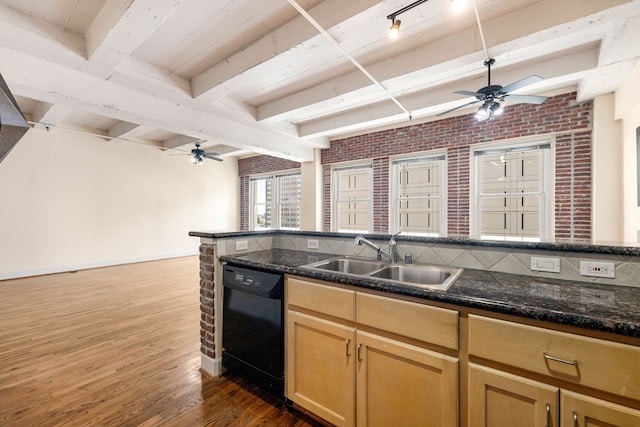 1120 Texas St Unit 7D, Houston, TX 77002 - kitchen with dishwasher, a sink, a ceiling fan, dark wood-style flooring, and beam ceiling