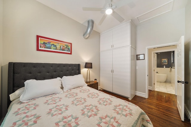 1710 Spring St, Houston, TX 77007 - bedroom with dark wood finished floors, a closet, attic access, ceiling fan, and baseboards