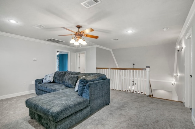 living room featuring carpet, ceiling fan, ornamental molding, baseboards, and recessed lighting