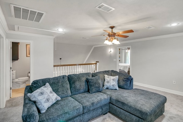 living room with a ceiling fan, crown molding, light carpet, recessed lighting, and baseboards
