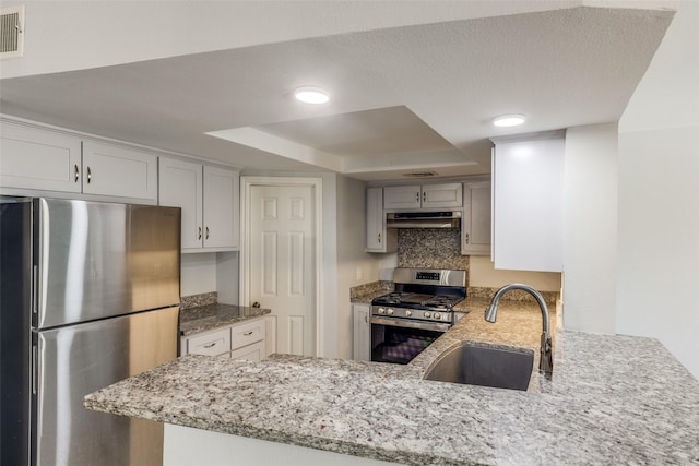 10816 Briar Forest Dr Unit 33, Houston, TX 77042 - kitchen featuring appliances with stainless steel finishes, a sink, a tray ceiling, a peninsula, and light stone counters
