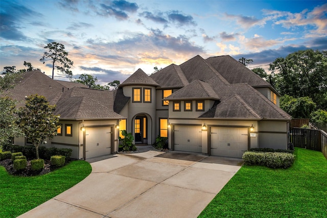 french country inspired facade featuring stucco siding, a garage, driveway, and a shingled roof