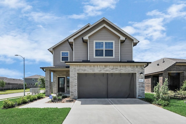 2003 Ballesteros St, Crosby, TX 77532 - view of front of house with driveway, a garage, brick siding, and a front lawn