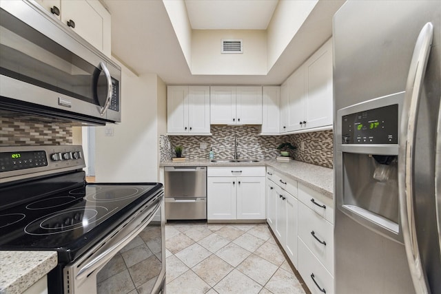 kitchen featuring stainless steel appliances, a sink, decorative backsplash, and white cabinetry