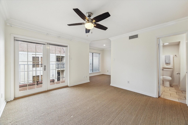 carpeted spare room with crown molding, ceiling fan, baseboards, and recessed lighting
