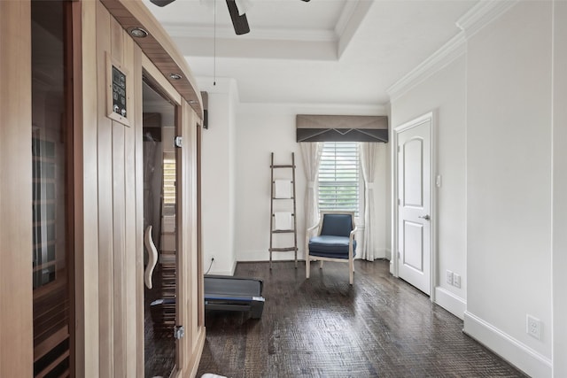 3109 Mcculloch Cir, Houston, TX 77056 - sitting room with a ceiling fan, dark wood finished floors, crown molding, baseboards, and a tray ceiling