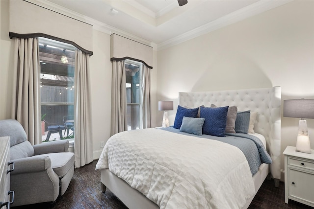 3109 Mcculloch Cir, Houston, TX 77056 - bedroom featuring dark wood finished floors, crown molding, and a raised ceiling