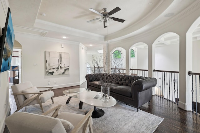 3109 Mcculloch Cir, Houston, TX 77056 - living room with a raised ceiling, ceiling fan, healthy amount of natural light, ornamental molding, and recessed lighting