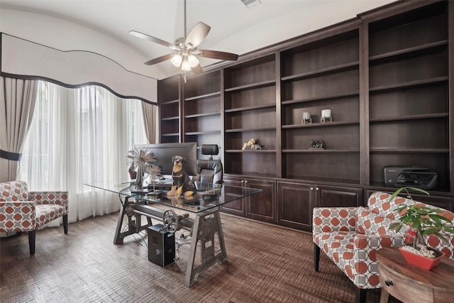 3109 Mcculloch Cir, Houston, TX 77056 - office area with vaulted ceiling, ceiling fan, and built in features
