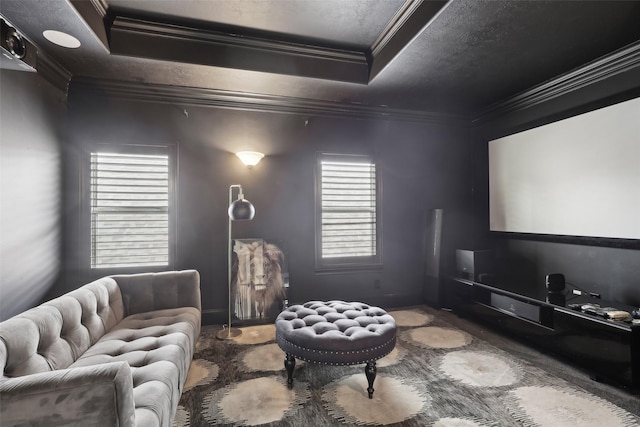3109 Mcculloch Cir, Houston, TX 77056 - home theater room featuring ornamental molding and a textured ceiling