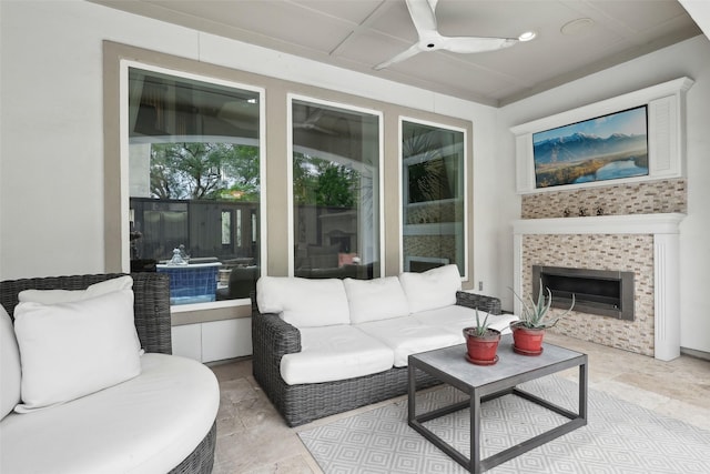 3109 Mcculloch Cir, Houston, TX 77056 - living area with ceiling fan and a tile fireplace