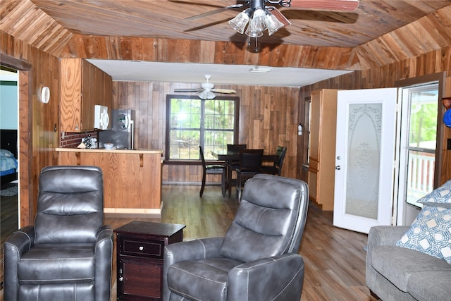 112 Lcr 902, Jewett, TX 75846 - living room with wooden walls, ceiling fan, wood finished floors, wood ceiling, and lofted ceiling