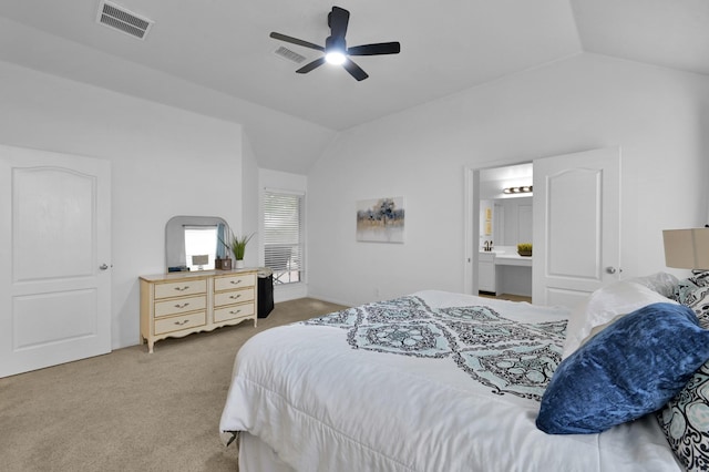 bedroom with lofted ceiling, carpet flooring, and ceiling fan