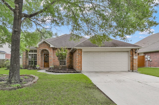 view of front facade featuring an attached garage, driveway, brick siding, and a shingled roof