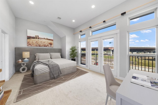 carpeted bedroom featuring access to outside and recessed lighting