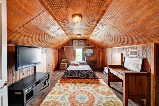 bedroom featuring wood ceiling, wood walls, wood finished floors, and lofted ceiling