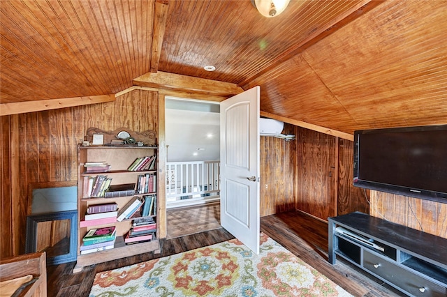 living area featuring wooden ceiling, wood walls, vaulted ceiling, and wood finished floors