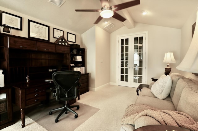 home office featuring french doors, carpet flooring, a ceiling fan, lofted ceiling, and baseboards