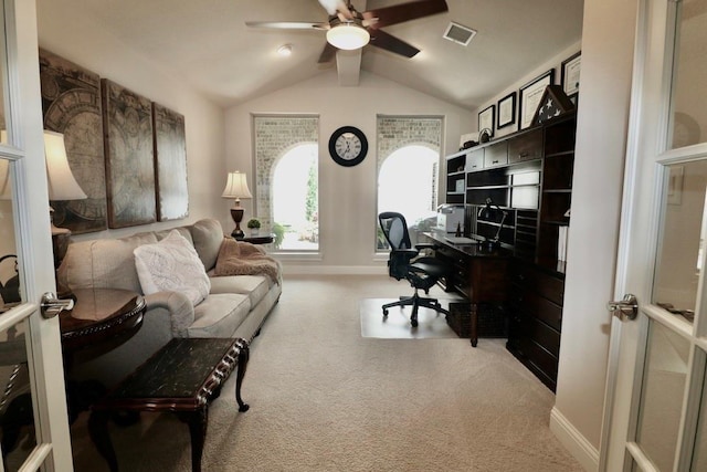 office space featuring a ceiling fan, carpet floors, and baseboards