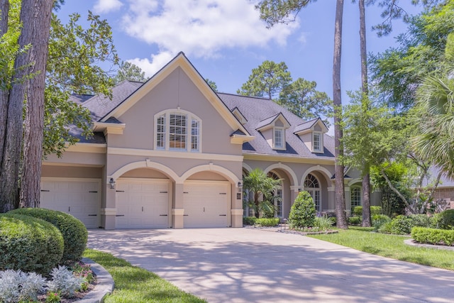 34 S Taylor Point Dr, The Woodlands, TX 77382 - view of front of home with stucco siding, a garage, concrete driveway, and a shingled roof